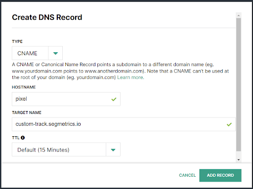 Creating a CNAME DNS record that points to custom-track.segmetrics.io