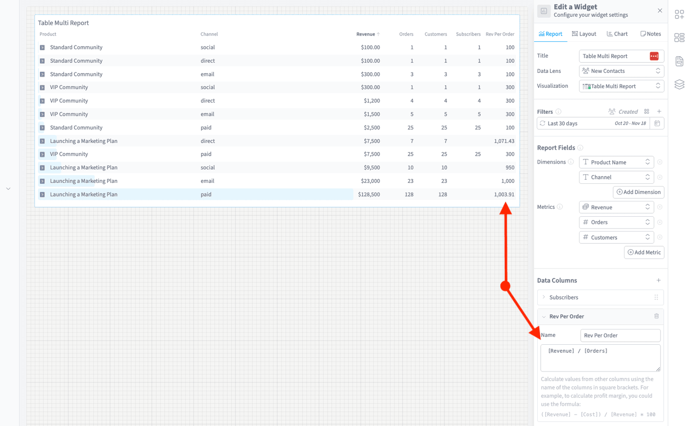 Adding custom metrics to tables with calculated columns - Multi-Report Tables - SegMetrics