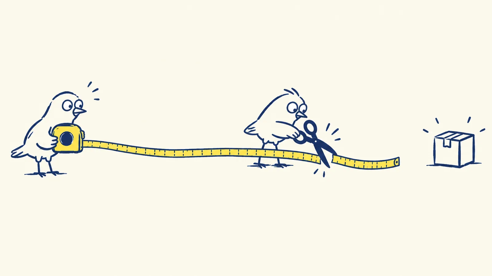One bird measures out a length of tape while another cuts it short before it reaches the box