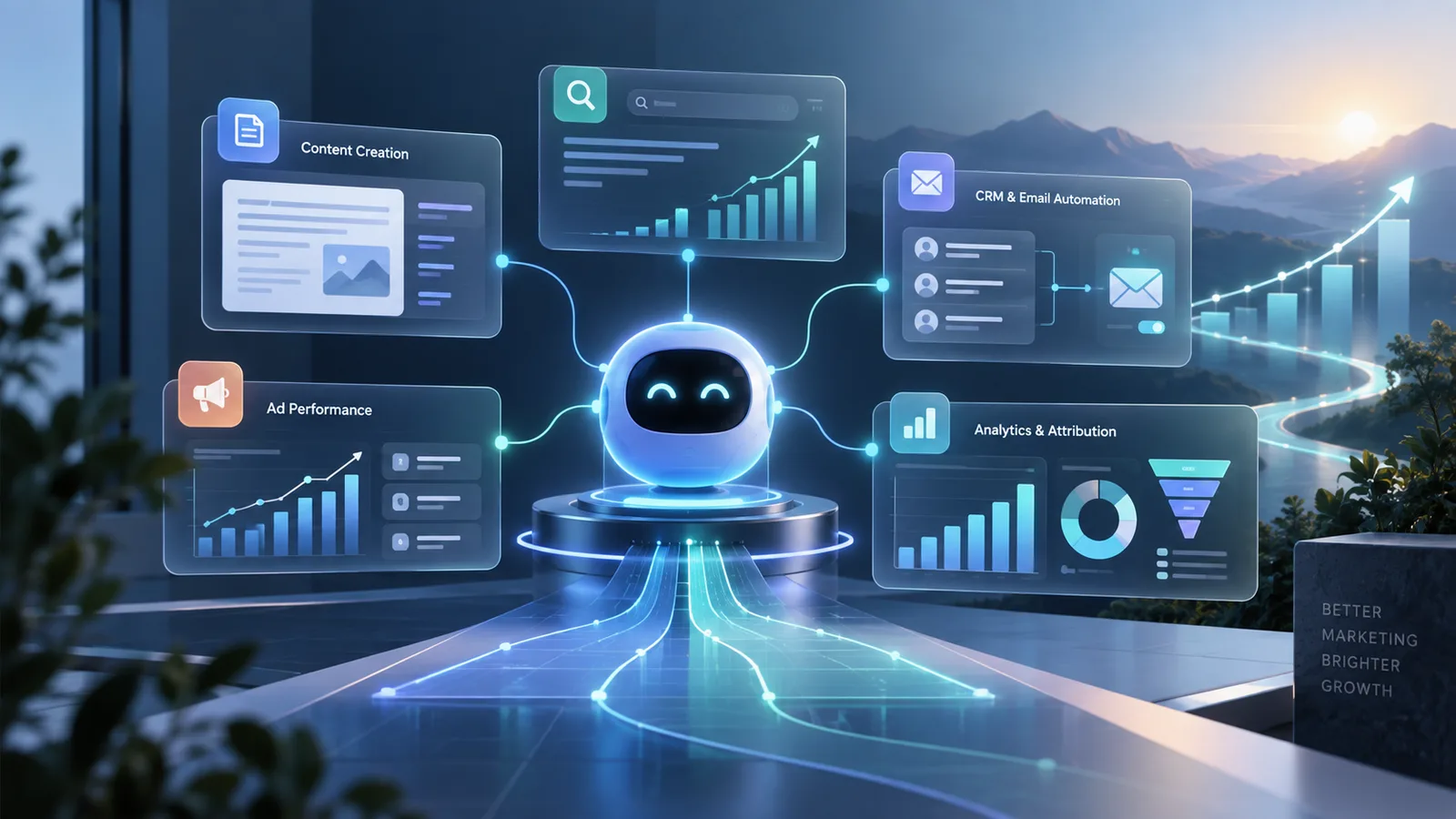 A friendly AI robot on a dais connects to four glowing panels labeled Content Creation, Ad Performance, CRM & Email Automation, and Analytics & Attribution, with a growth chart rising toward a sunrise