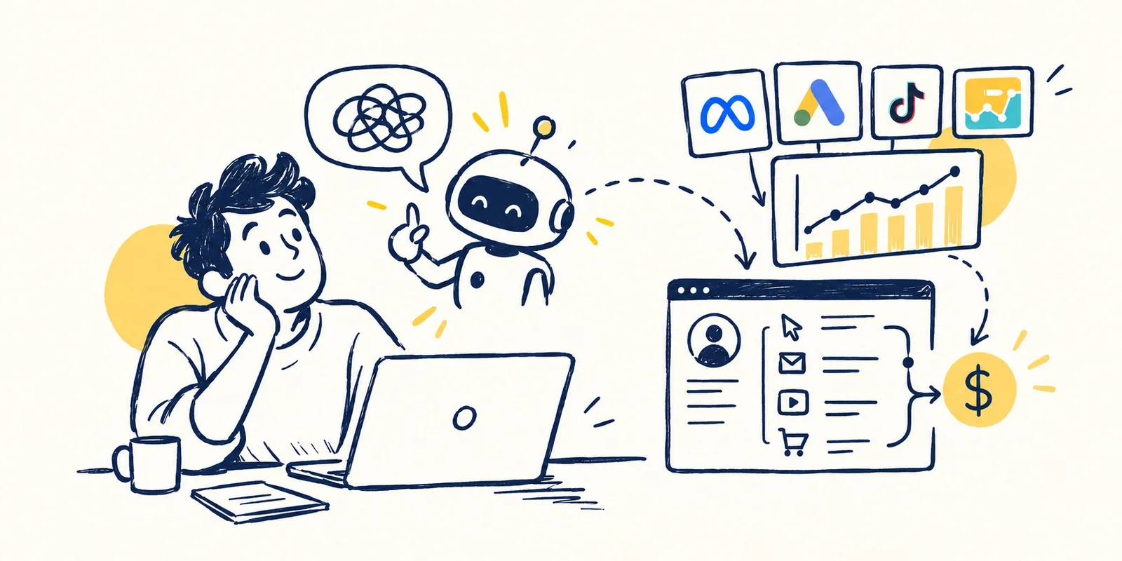 A marketer at a laptop with an AI robot assistant, whose output flows to ad platforms like Meta, Google Ads and TikTok, a growth chart, a customer journey of clicks, emails, video and cart, and finally revenue