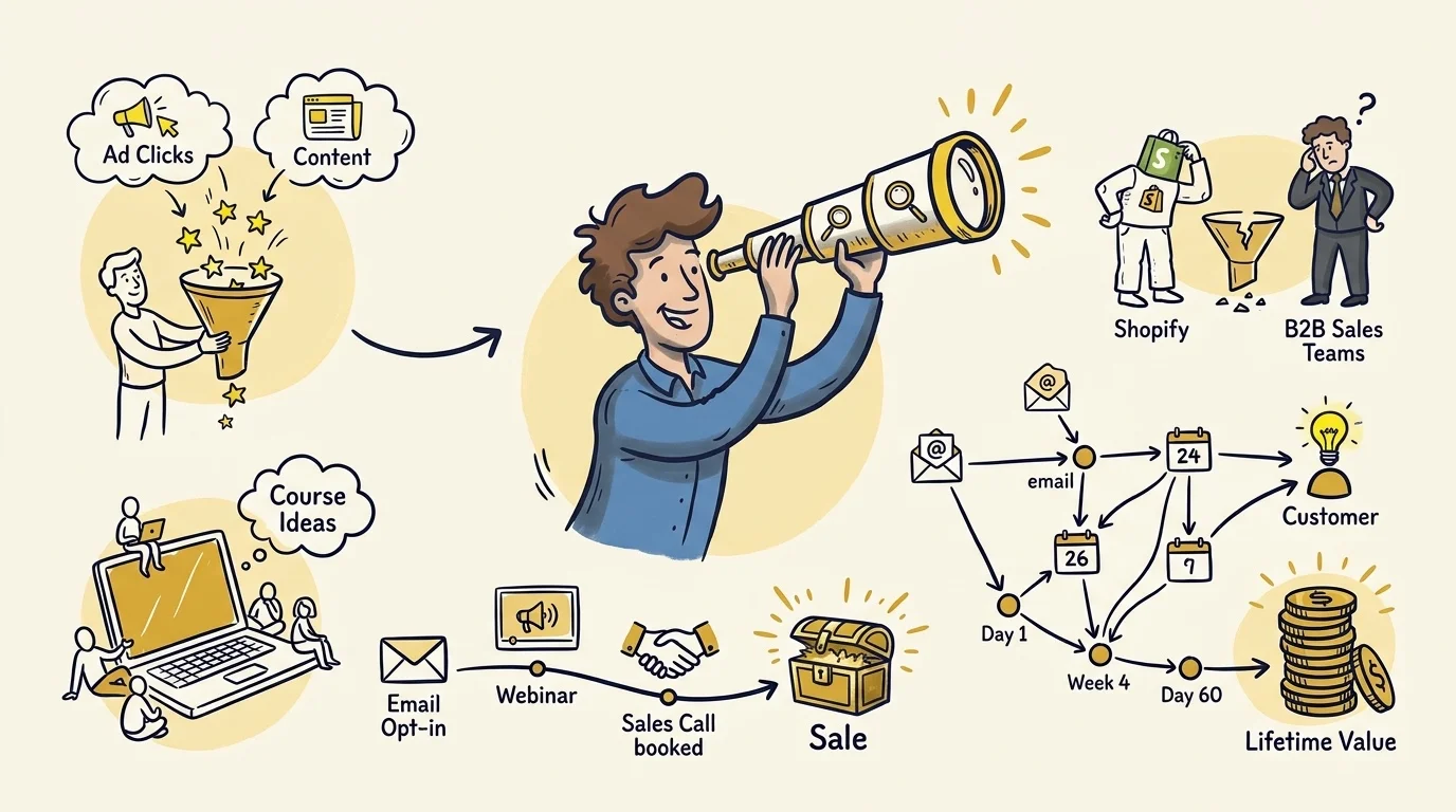 Hand-drawn illustration of a coach following a customer journey from ad click to email opt-in, webinar, sales call, sale and lifetime value