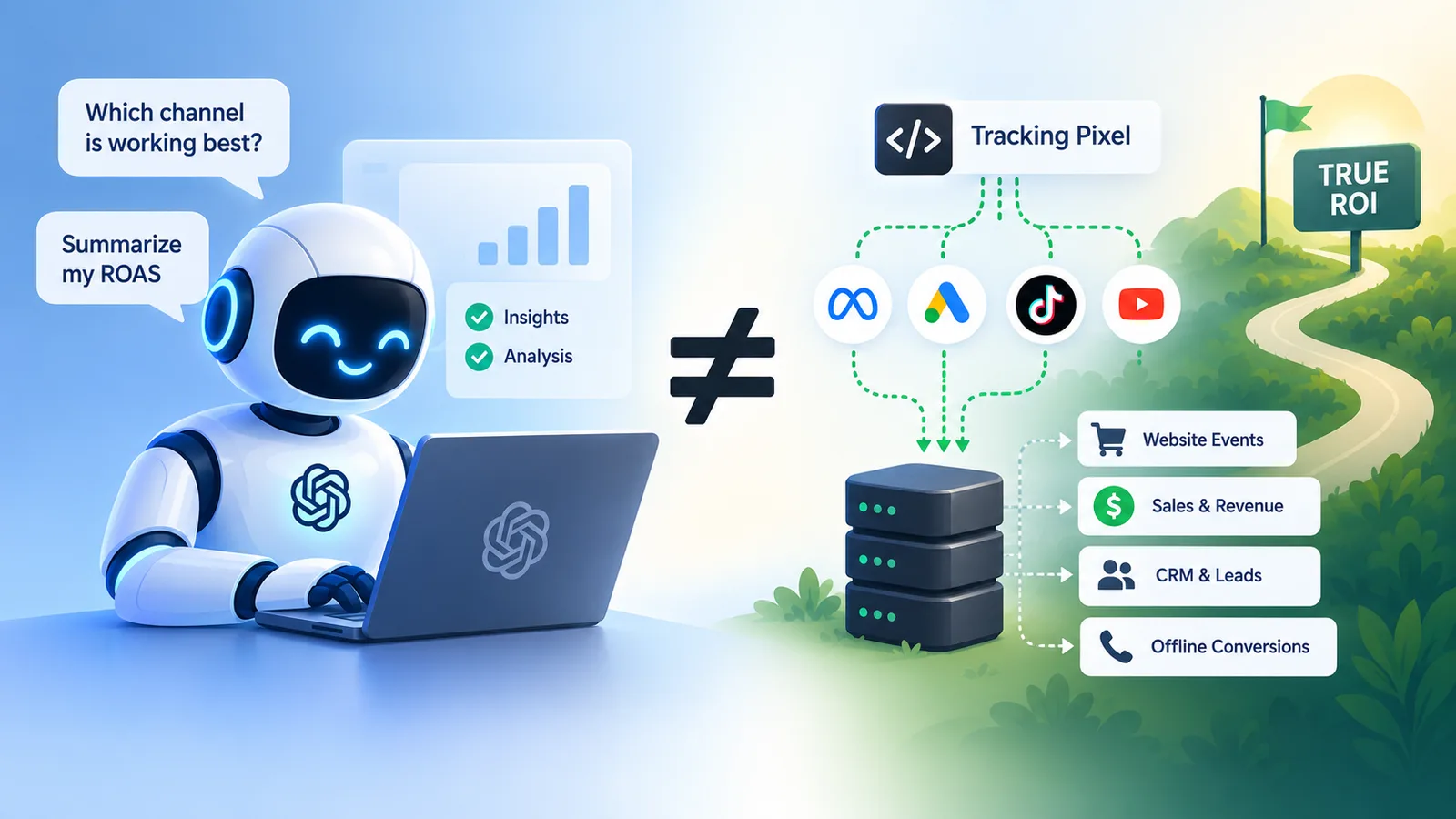 An AI robot answering marketing questions next to a tracking pixel feeding website events, sales, CRM and refund data toward true ROI, split by a not-equal sign