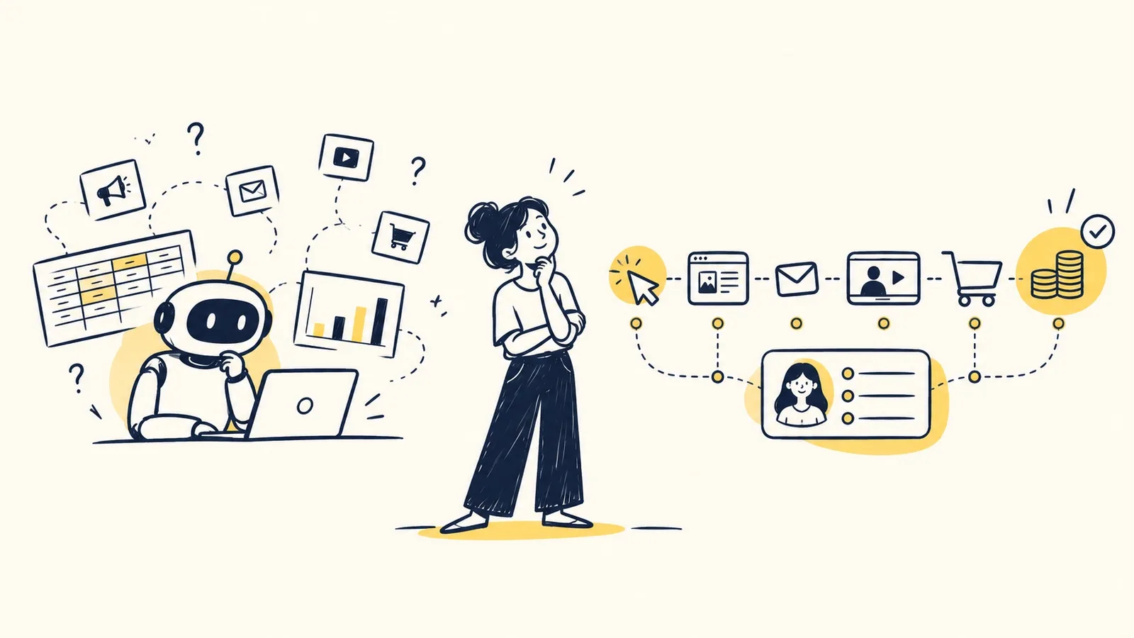 An AI robot puzzling over spreadsheets and scattered marketing icons, next to a woman looking at one customer journey from ad click to email, webinar, cart and revenue
