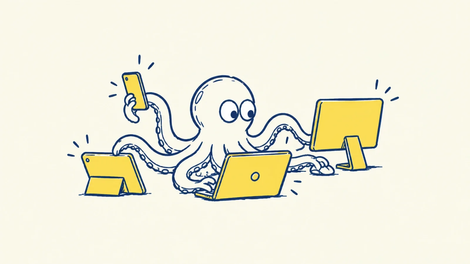 An octopus uses a phone, a tablet, a laptop and a desktop computer at the same time