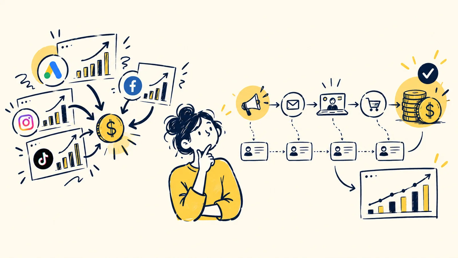 Ad platforms each claiming the same sale, next to a customer journey traced from ad to email, webinar, cart and revenue