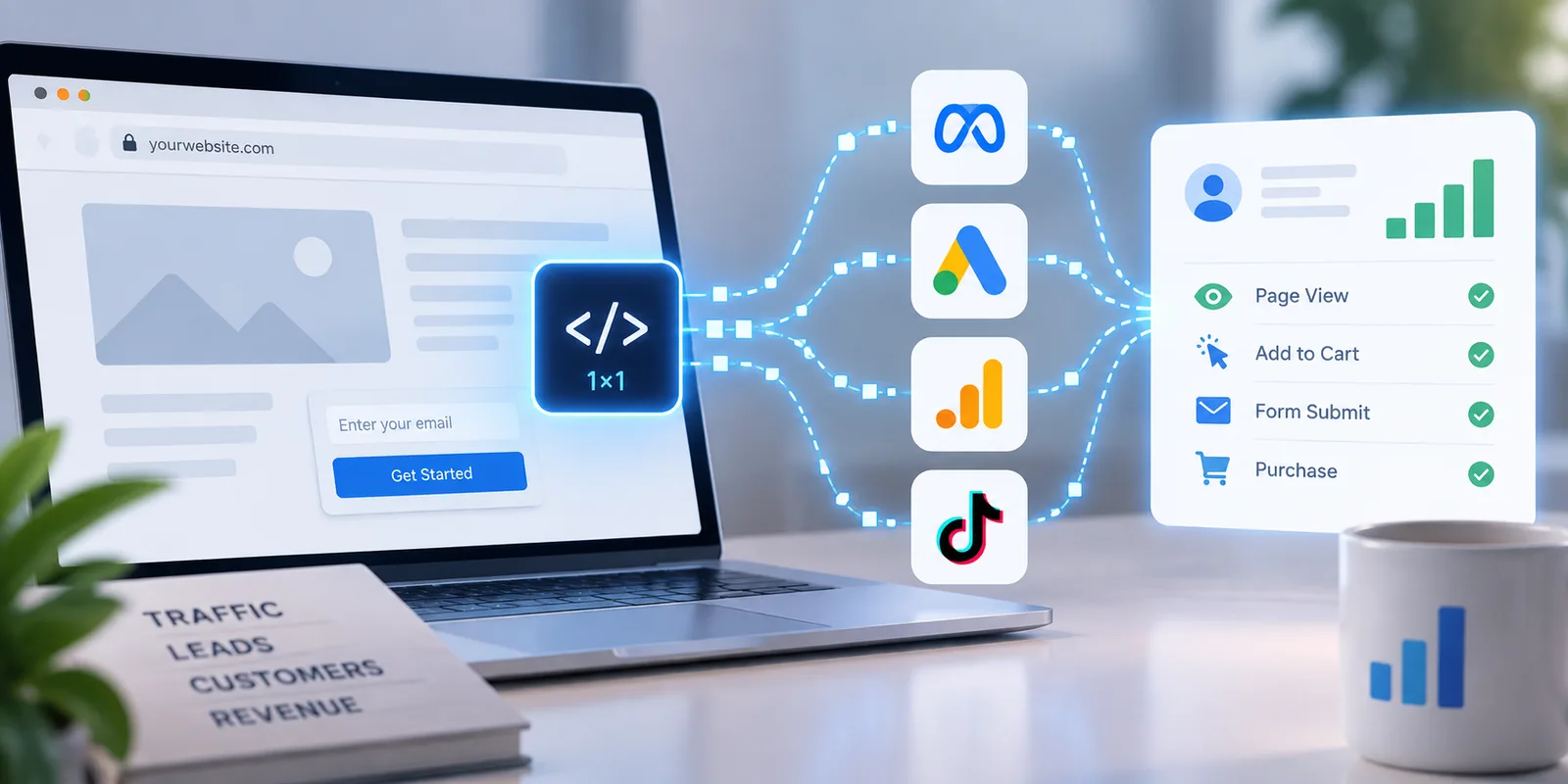 A 1x1 tracking pixel on a website sending page view, add to cart, form submit and purchase events to Meta, Google Ads, Google Analytics and TikTok