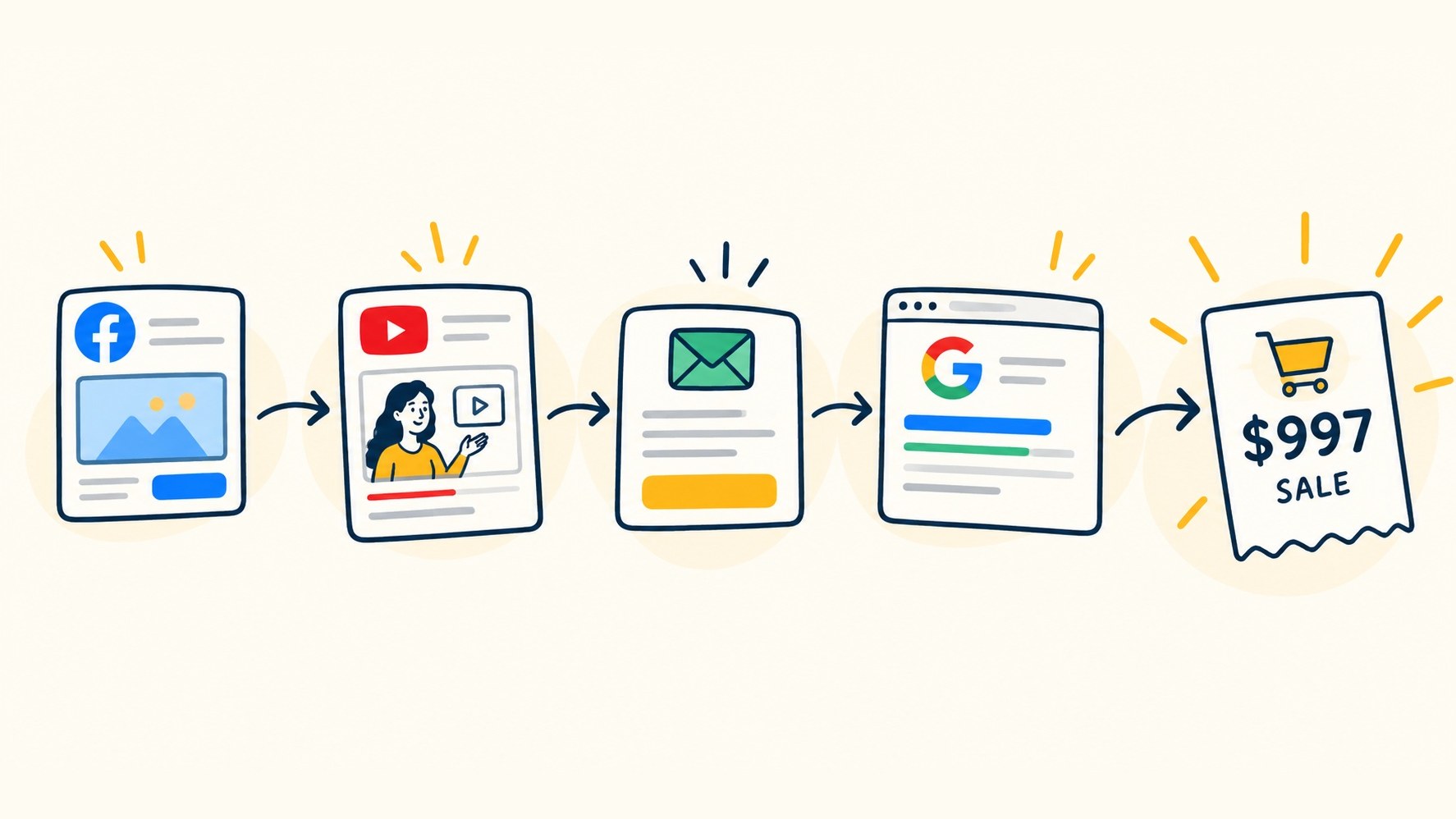 A buyer's path drawn as five cards: a Facebook ad, a YouTube video, an email, a Google search, and a $997 sale receipt