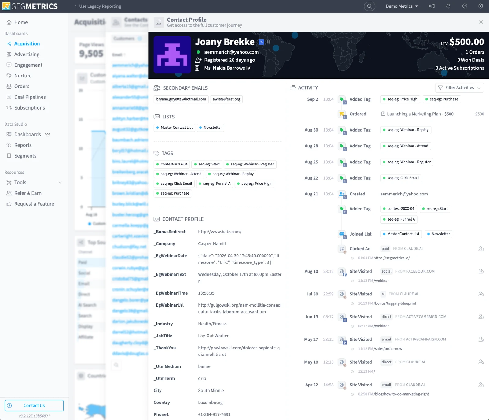 A SegMetrics contact profile showing one customer's full activity timeline, tags and lists in one place
