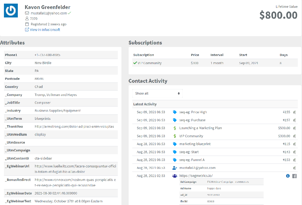 One customer's record: attributes, subscriptions and a dated activity feed, totalling $800.00 in lifetime value