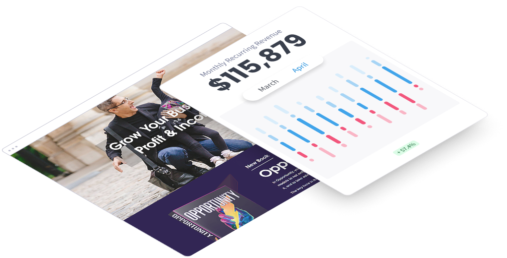 A monthly recurring revenue report beside a course sales page