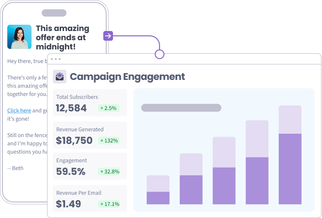 A broadcast email beside its campaign engagement panel showing total subscribers