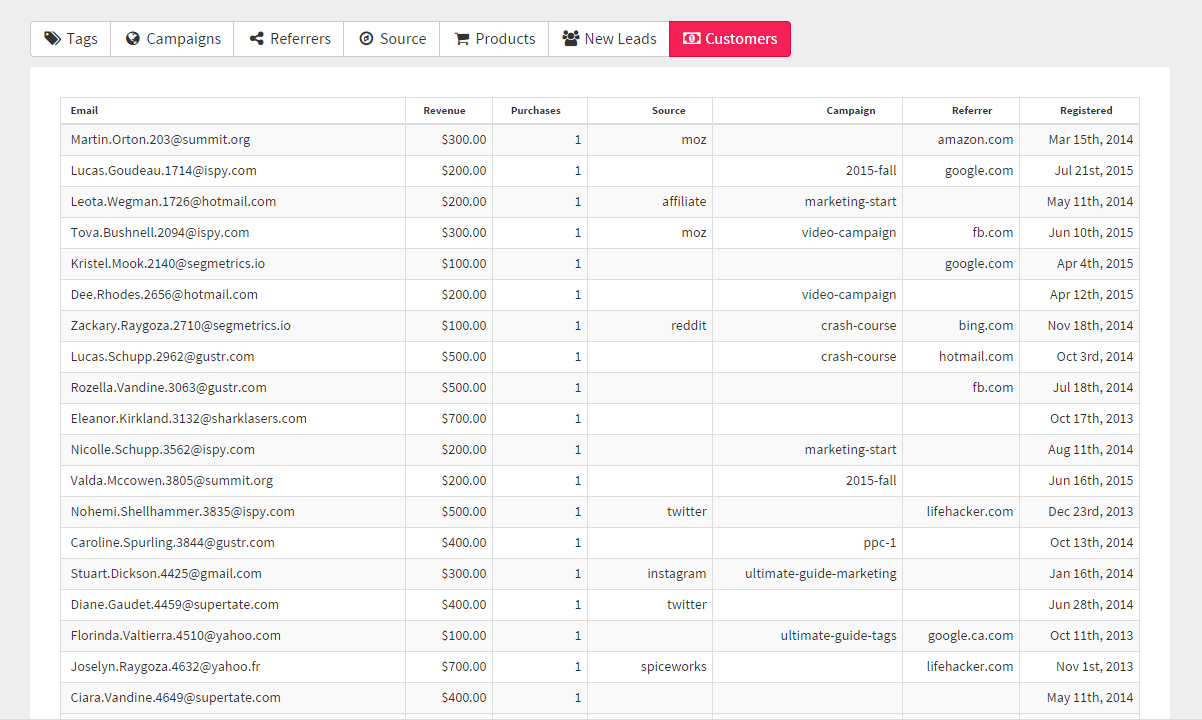 The customer report, linking each payment back to its original attribution