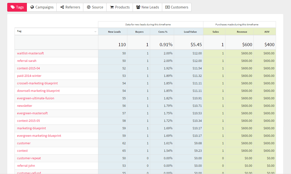 The SegMetrics tag report, listing the lead counts, conversion rates and revenue for every tag
