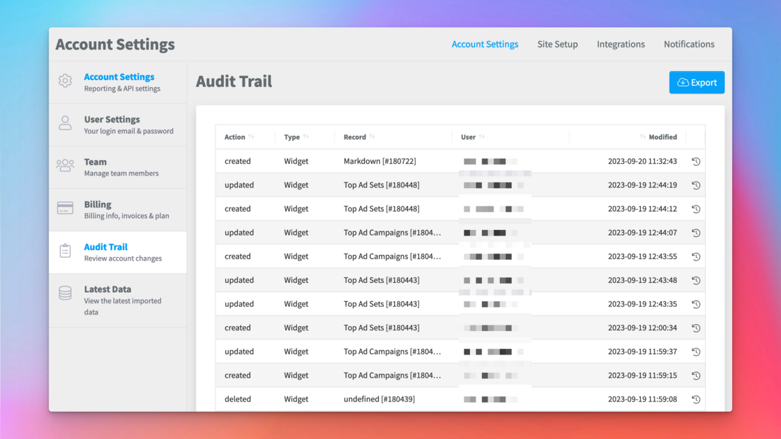 Audit Trail screenshot - SegMetrics