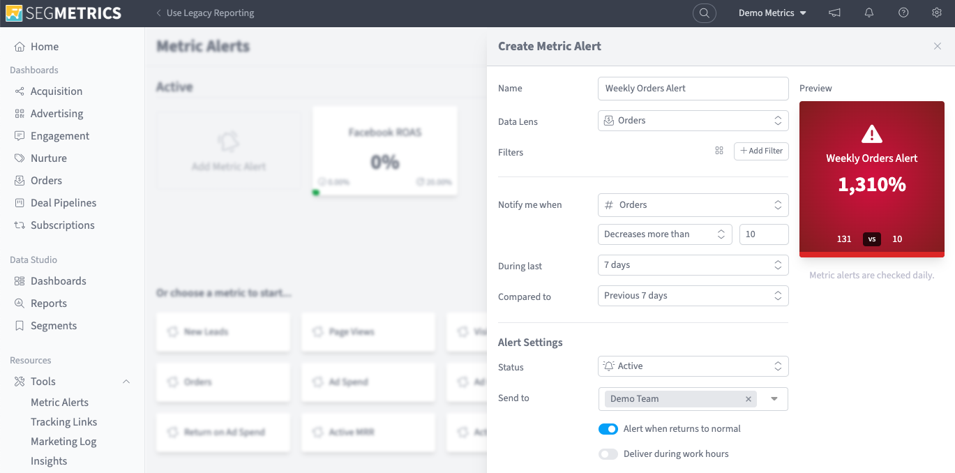 Metric Alerts - Weekly Orders alert setup - SegMetrics